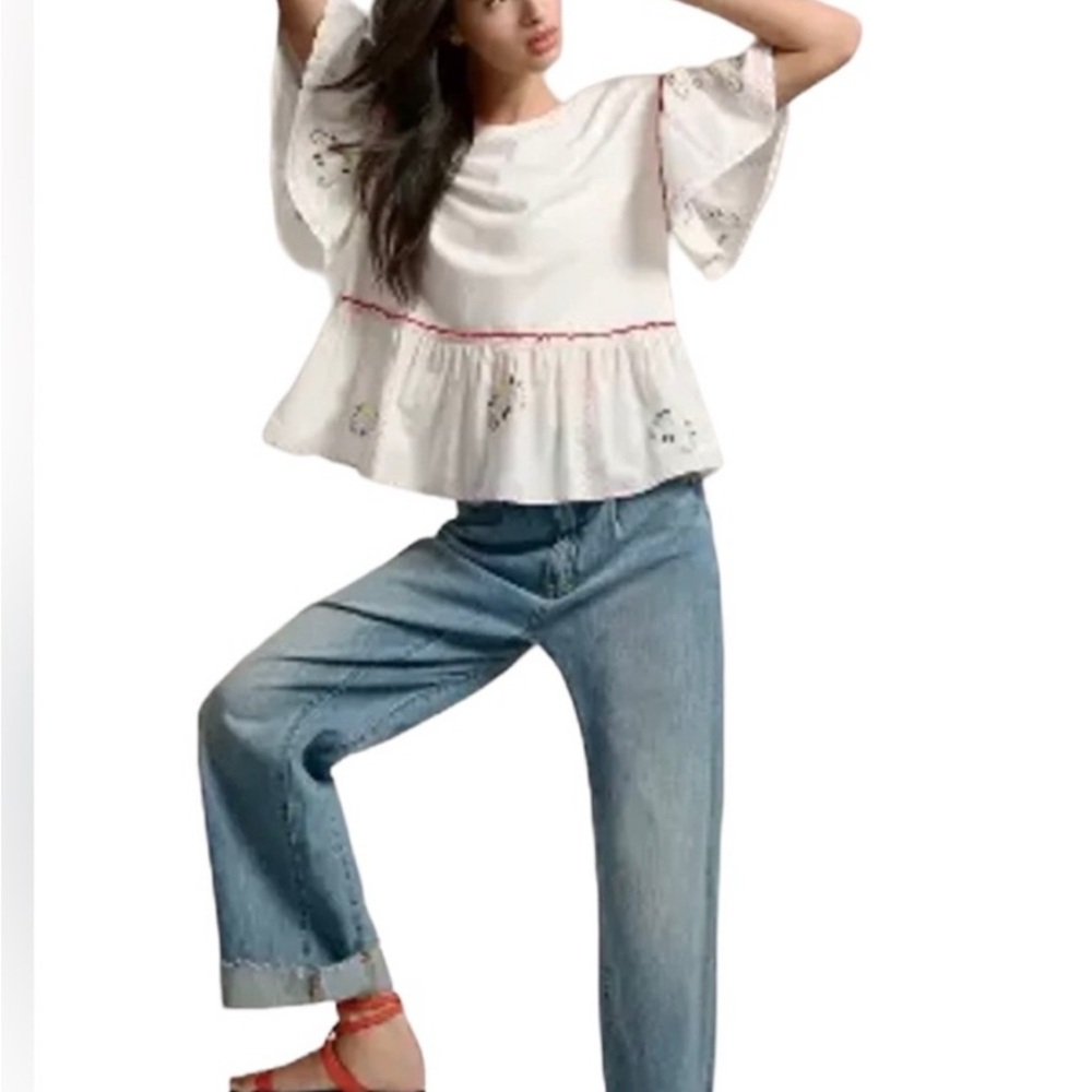 Anthropologie White Blouse with Red and Yellow Embroidery - Picture 2 of 5